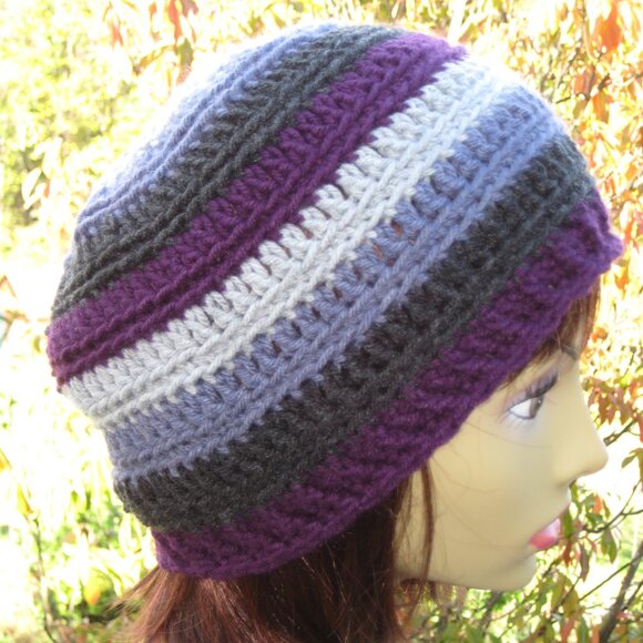 Plum Gray Stripe Hand Knit / Crochet Unisex  Winter Beanie NEW - Picture 7 of 11
